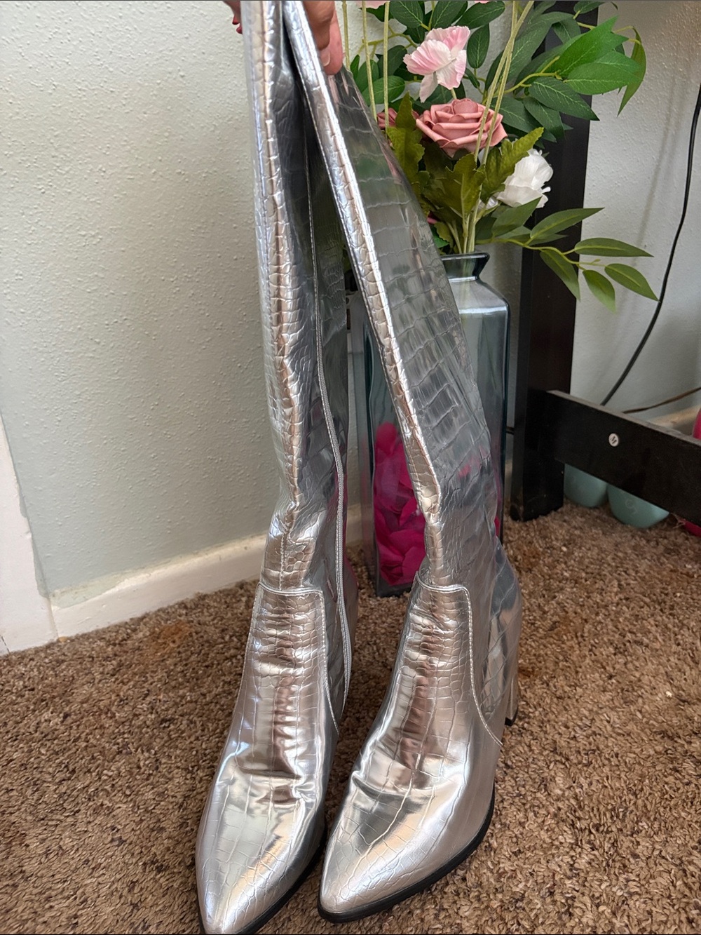 Amazon Silver Croc-Embossed Over-the-Knee Boots - Picture 2 of 11